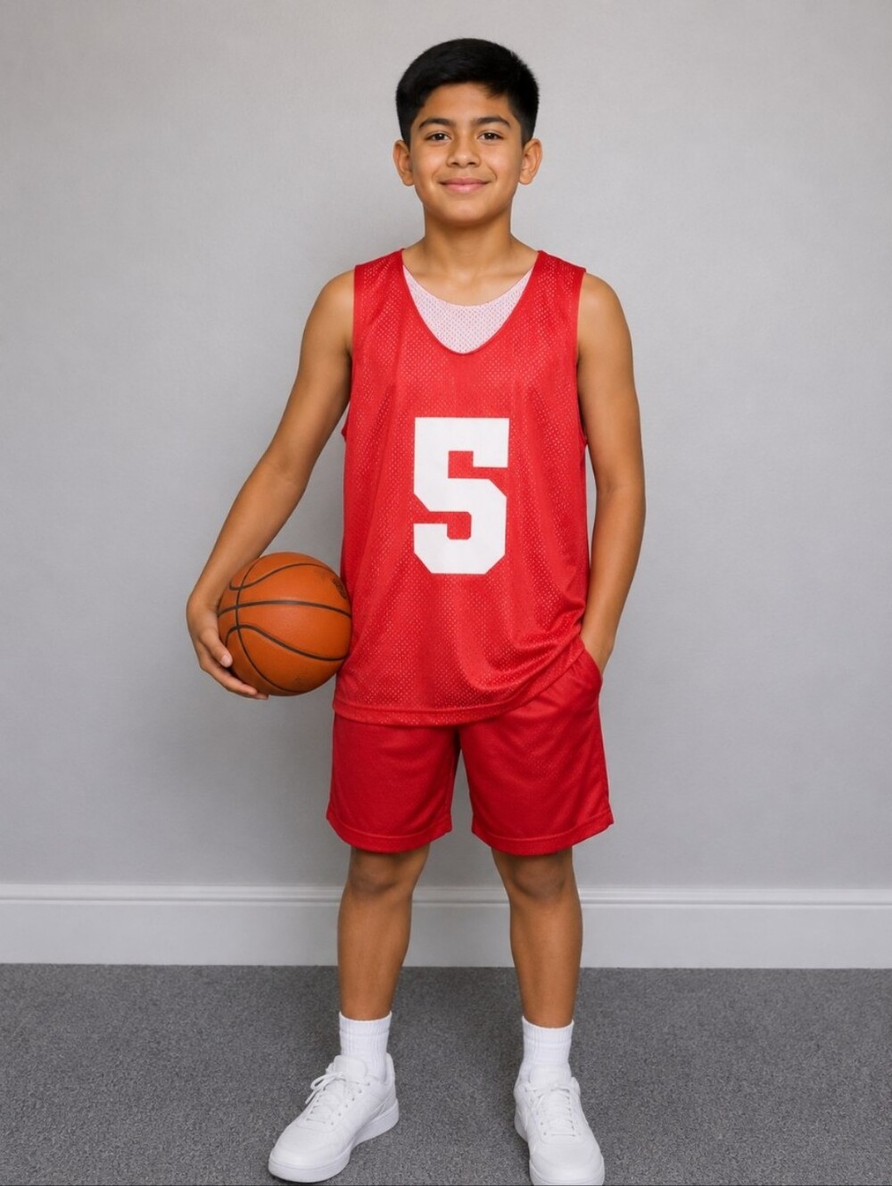 A4 Reversible Basketball Practice Jersey Red White Medium  Number 5